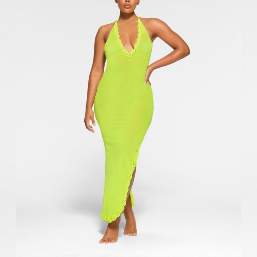 SKIMS Summer Mesh Lace Deep Plunge Long Dress  Green Small NWT